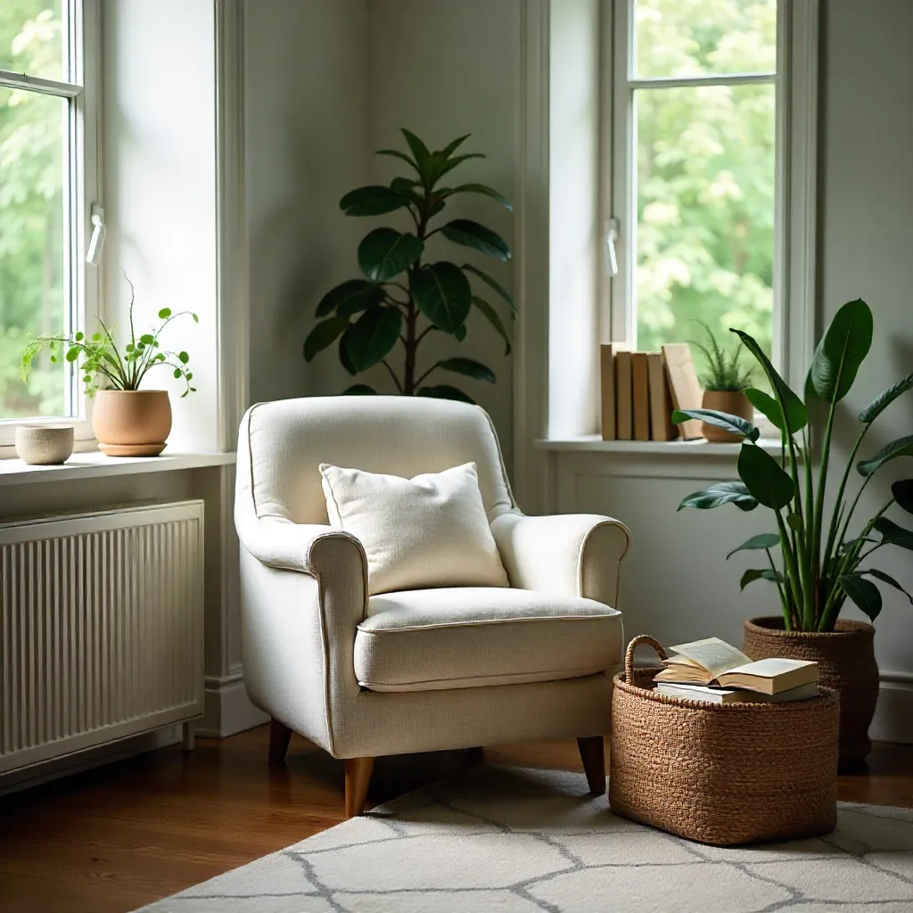 Peaceful reading corner with organic elements and soft lighting